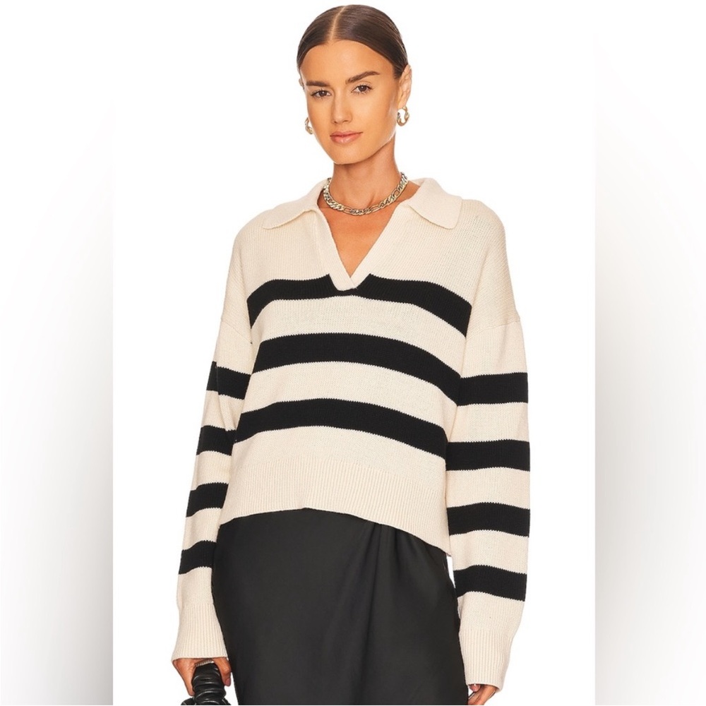 Velvet by Graham & Spencer Black and Cream V-Neck Polo Sweater